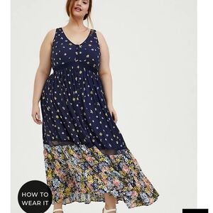 🆕 3X NAVY MIXED FLORAL CHALLIS BUTTON MAXI DRESS